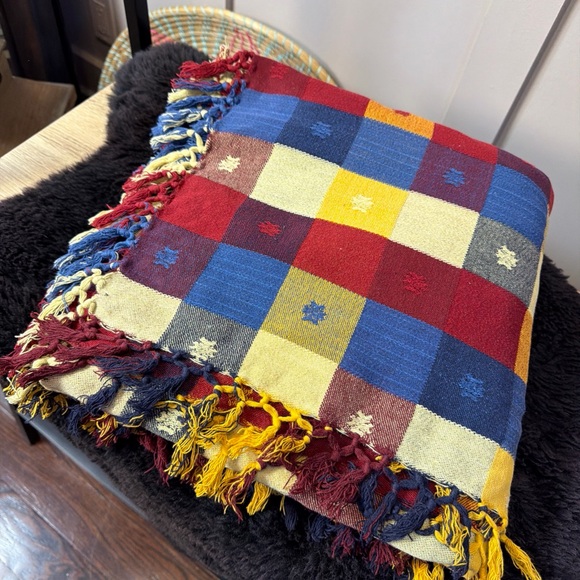 Tablecloth Floral Daisy Flower Woven Plaid Red Yellow Blue Checked Cotton 75X55” - Picture 7 of 7